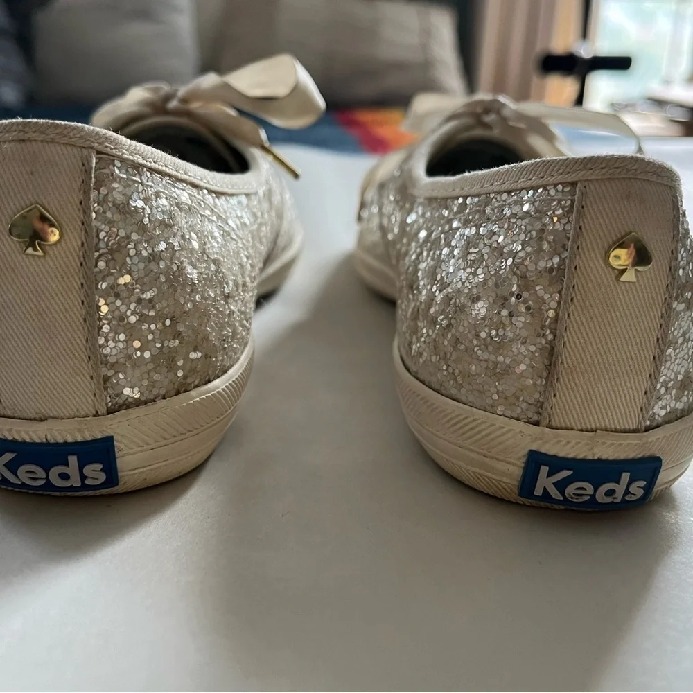 Kate Spade Keds Blinged Out Cream Glitter Canvas Sneakers Fun Ribbon Lac…